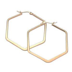 1 5/8 Inch 46mm Six Side Hoop Pierced Post Earrings Gold Tone